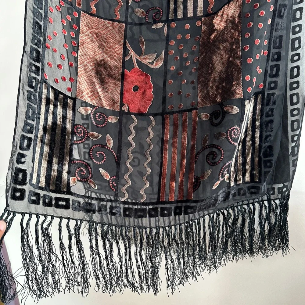Vintage Silk Burnout Velvet Patchwork Floral Fringe Scarf Shawl Black Red Gold